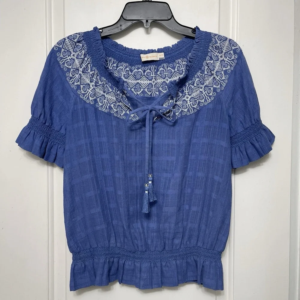 Tory Burch Nina Embroidered Peasant Short Sleeve Blouse in Blue Size XS - Picture 4 of 9